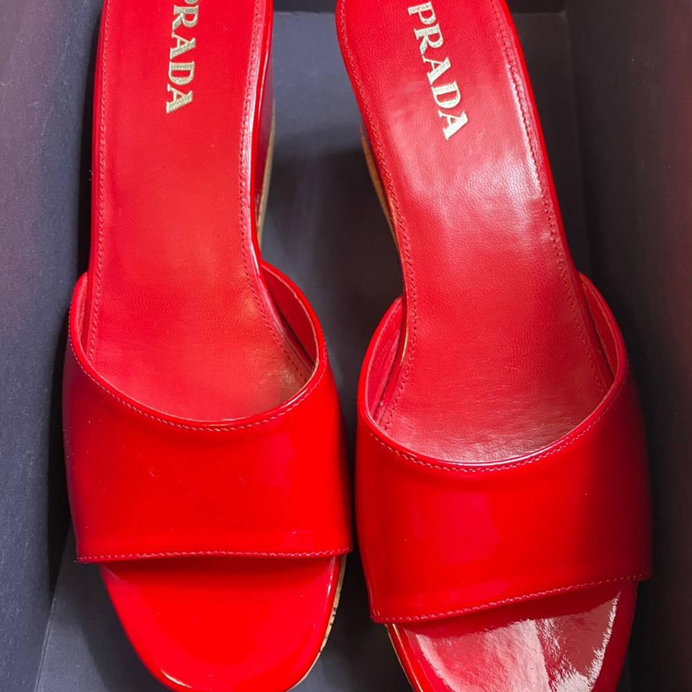 Prada red patent leather wedges